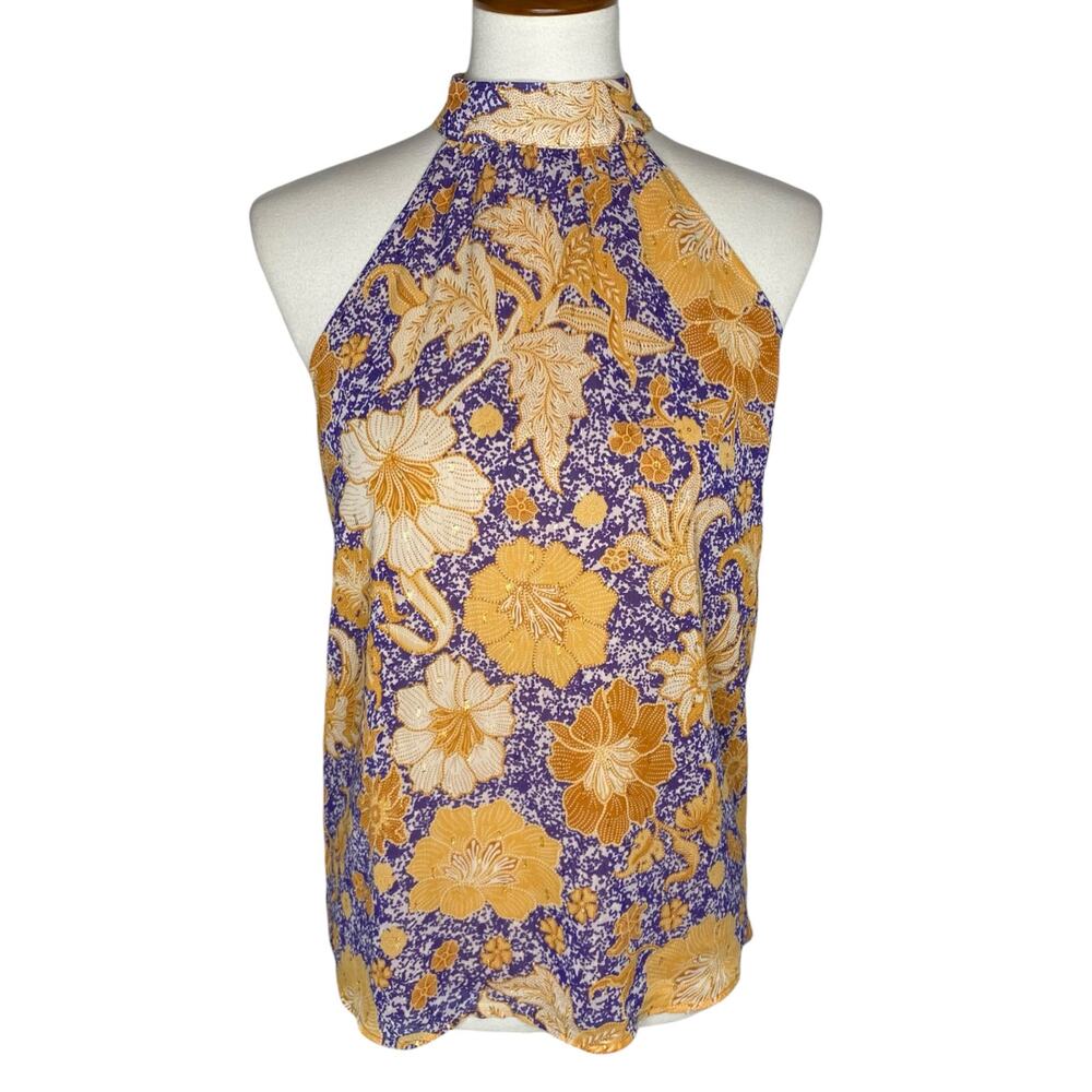 cupcakes & cashmere Floral Halter Top Large Gold Metallic Purple Size Large Boho